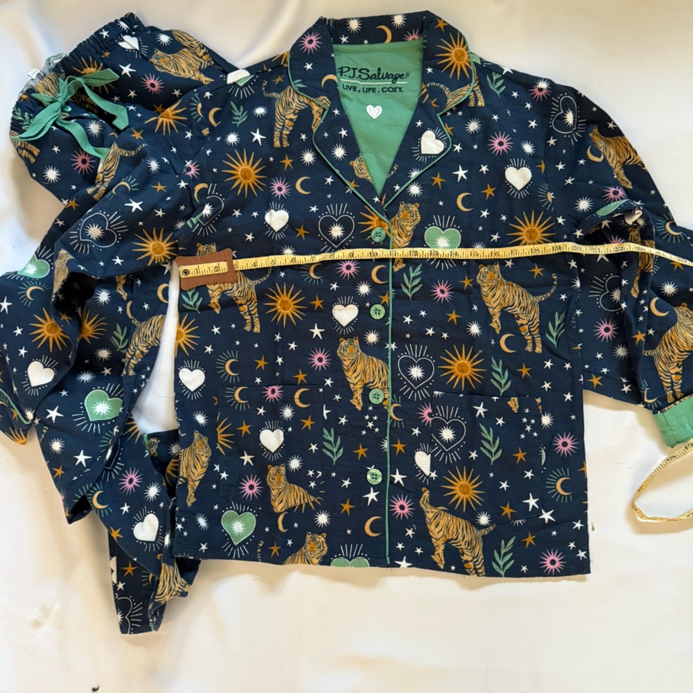 PJ Salvage Navy Celestial Print Button-Up Pajama Set with Mint Trim - Picture 7 of 12